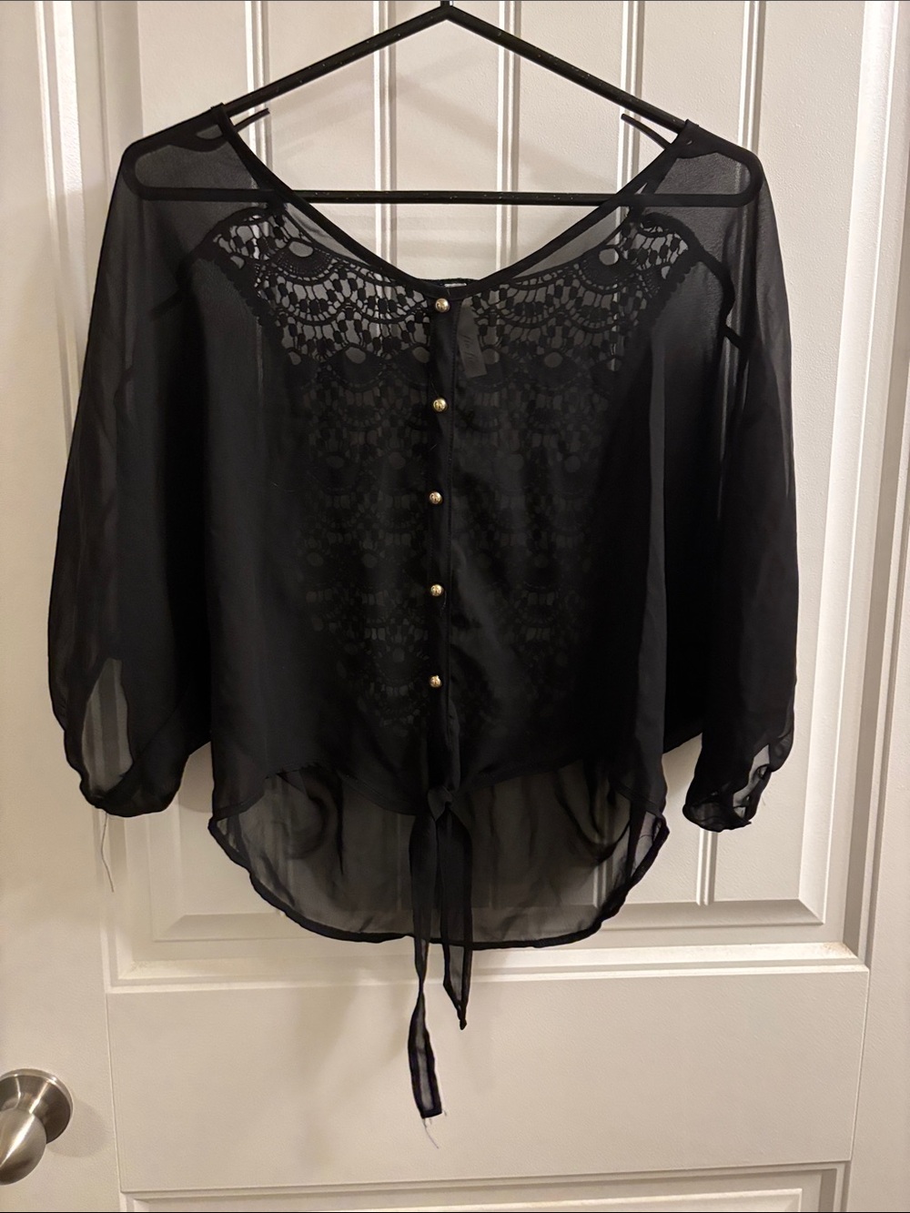 Black Sheer Lace-Detail Tie-Front Blouse